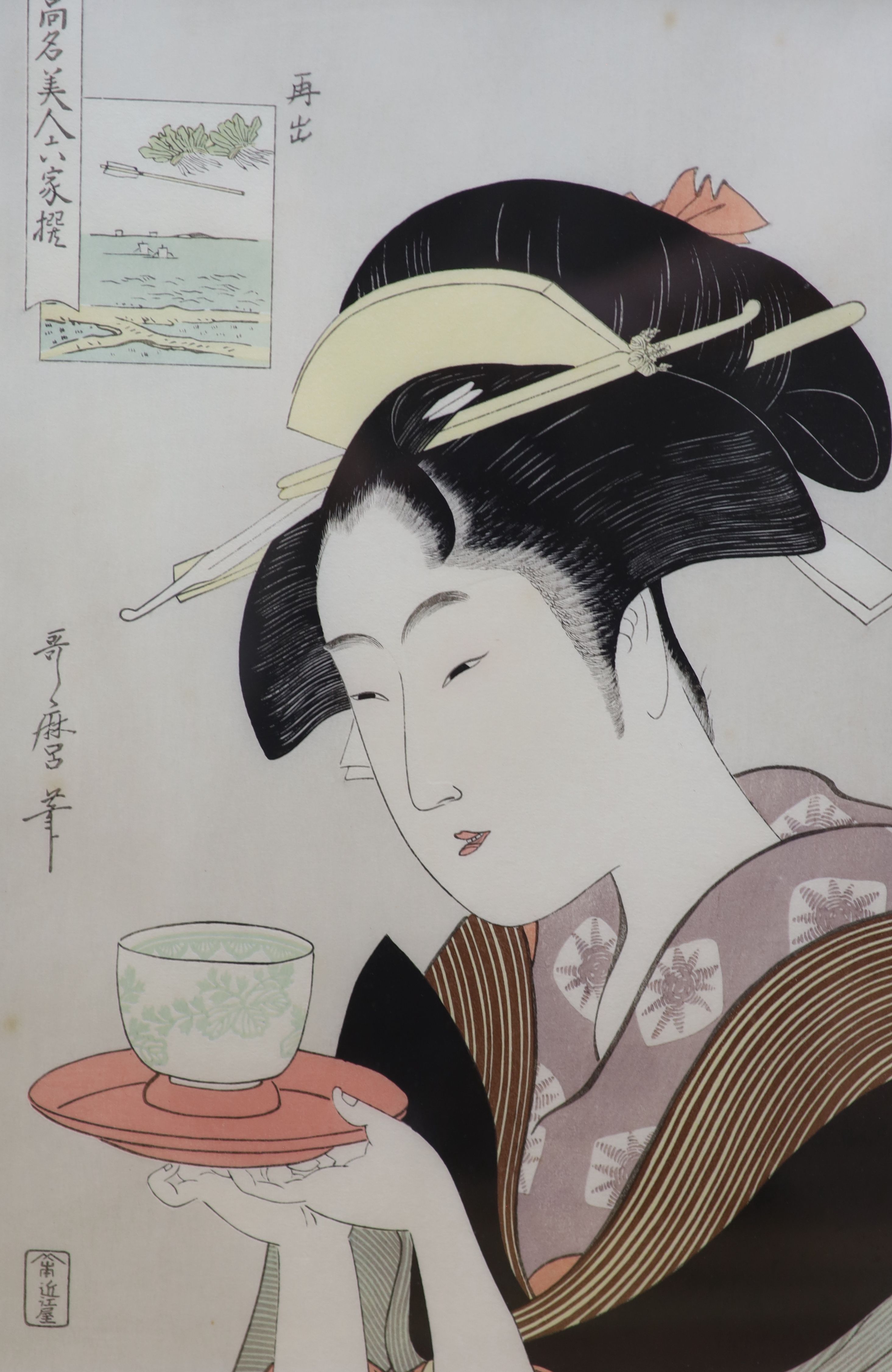 Japanese School, two woodblock prints, Woman serving tea and Head study, largest 37 x 25cm